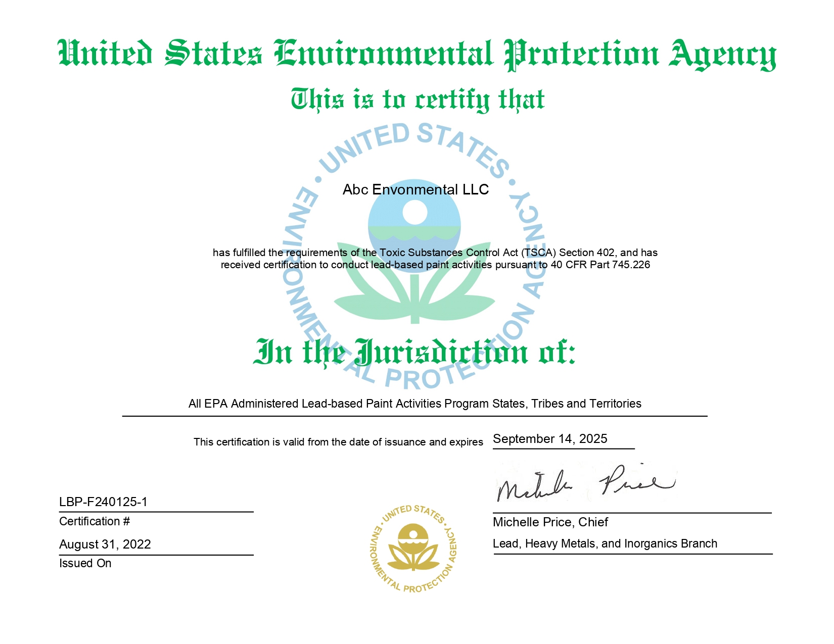 Lead- Safe EPA Certified Company