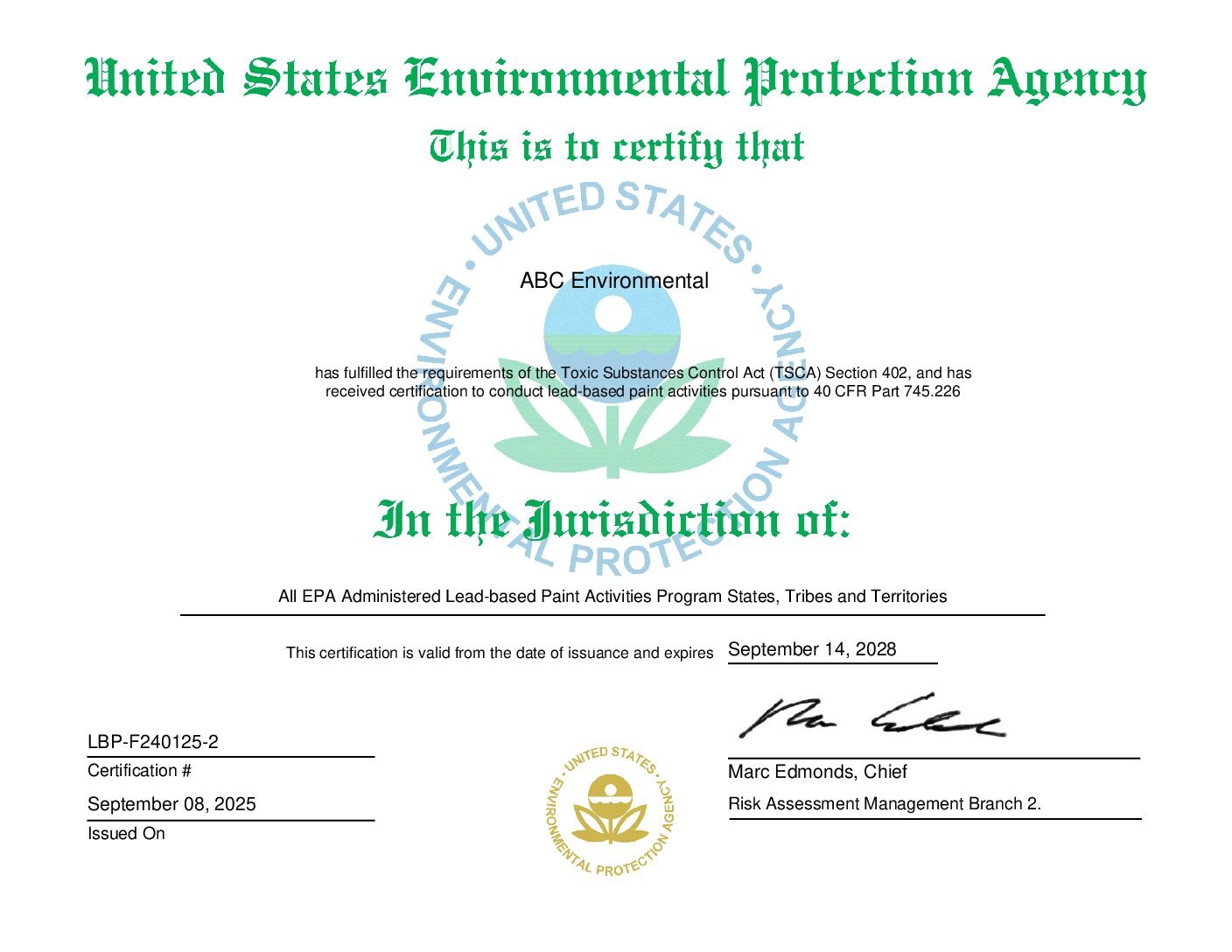 EPA Certified Lea-Safe Professionals ABC Environmental
